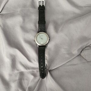Skagen Denmark Men Watch Silver Tone Blue Dial Date Black Leather Strap 105LSLB
